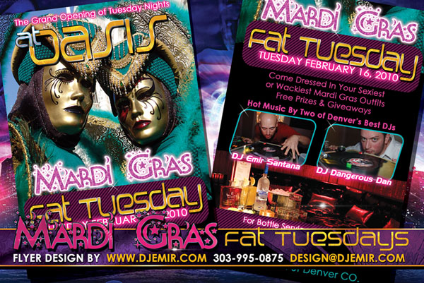 Mardi Gras Fat Tuesday Party Flyer Design Oasis Nightclub Denver, Colorado