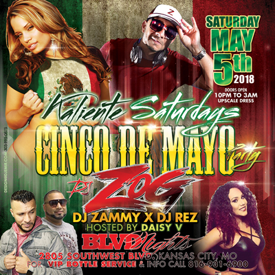 BLVD Nights Kaliente Saturdays Cinco De Mayo Party Flyer Design with DJ Zog, DJ Zammy X, DJ Rez and Daisy V